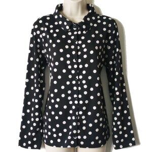 Valentina Knit Button Down Shirt M Long Roll Up Sleeve Black Polka Dot 50off3